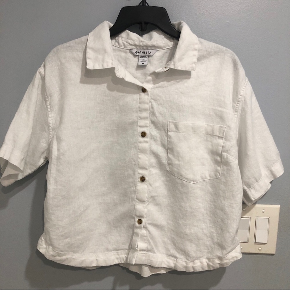 Athleta White 100% Linen Button Up Oversized Cropping Shirt Women’s Size M